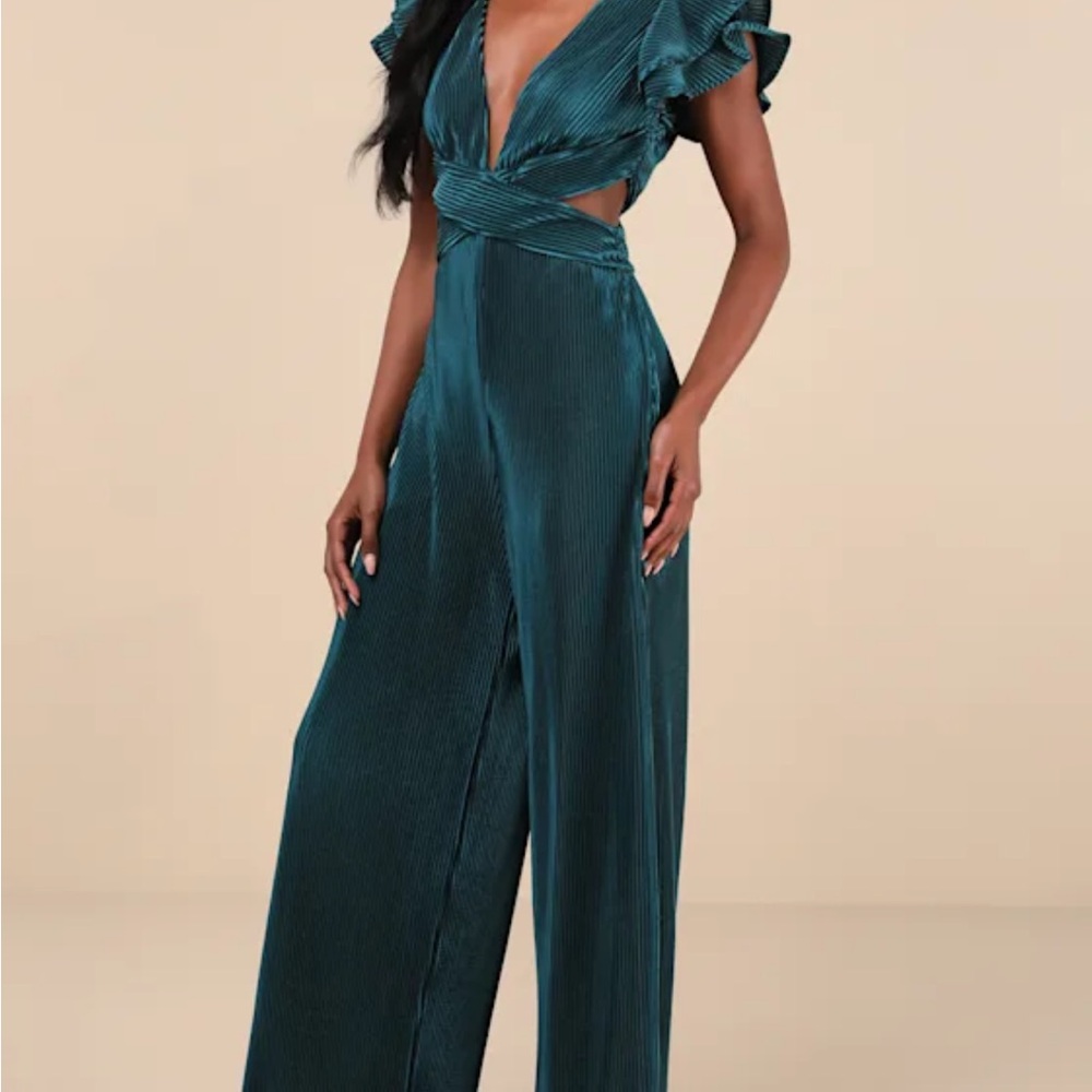 Elegant Teal Jumpsuit with Ruffle Sleeves